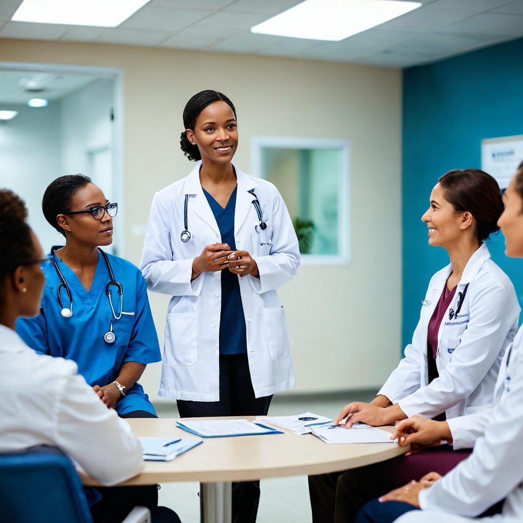 A compassionate doctor discussing treatment options with a diverse group of patients in a modern, well-lit clinic. Biotech innovations and medical technologies subtly visible in the background, conveying a sense of hope and empowerment. The atmosphere is warm and supportive, highlighting collaboration and empathy in cancer care. Super-realistic. Vibrant colors. Soft focus.