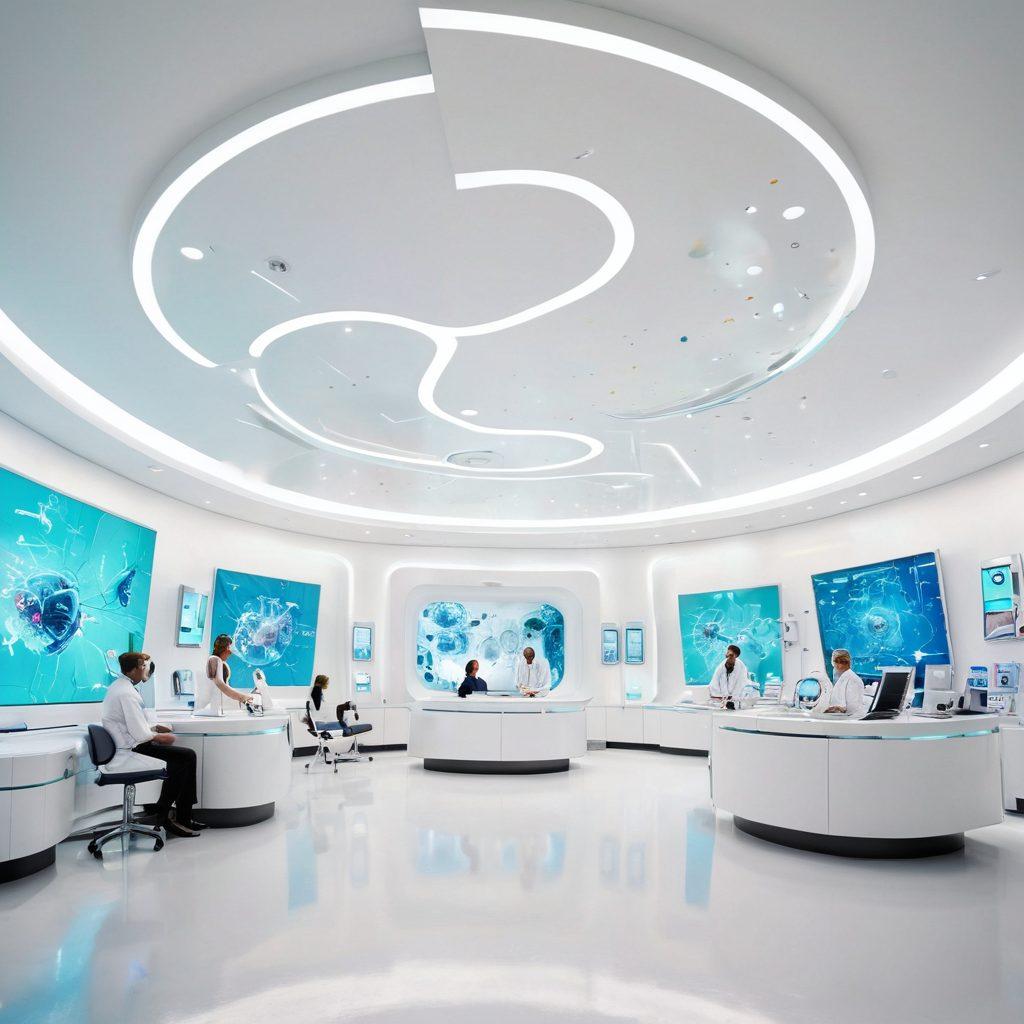 A futuristic medical facility showcasing diverse treatment options for cancer, with advanced technology, diverse patients receiving care, energetic healthcare professionals, and uplifting support groups in action. Emphasize hope, innovation, and collaborative spirit in the atmosphere of the scene. surrealism. vibrant colors. clean white background.
