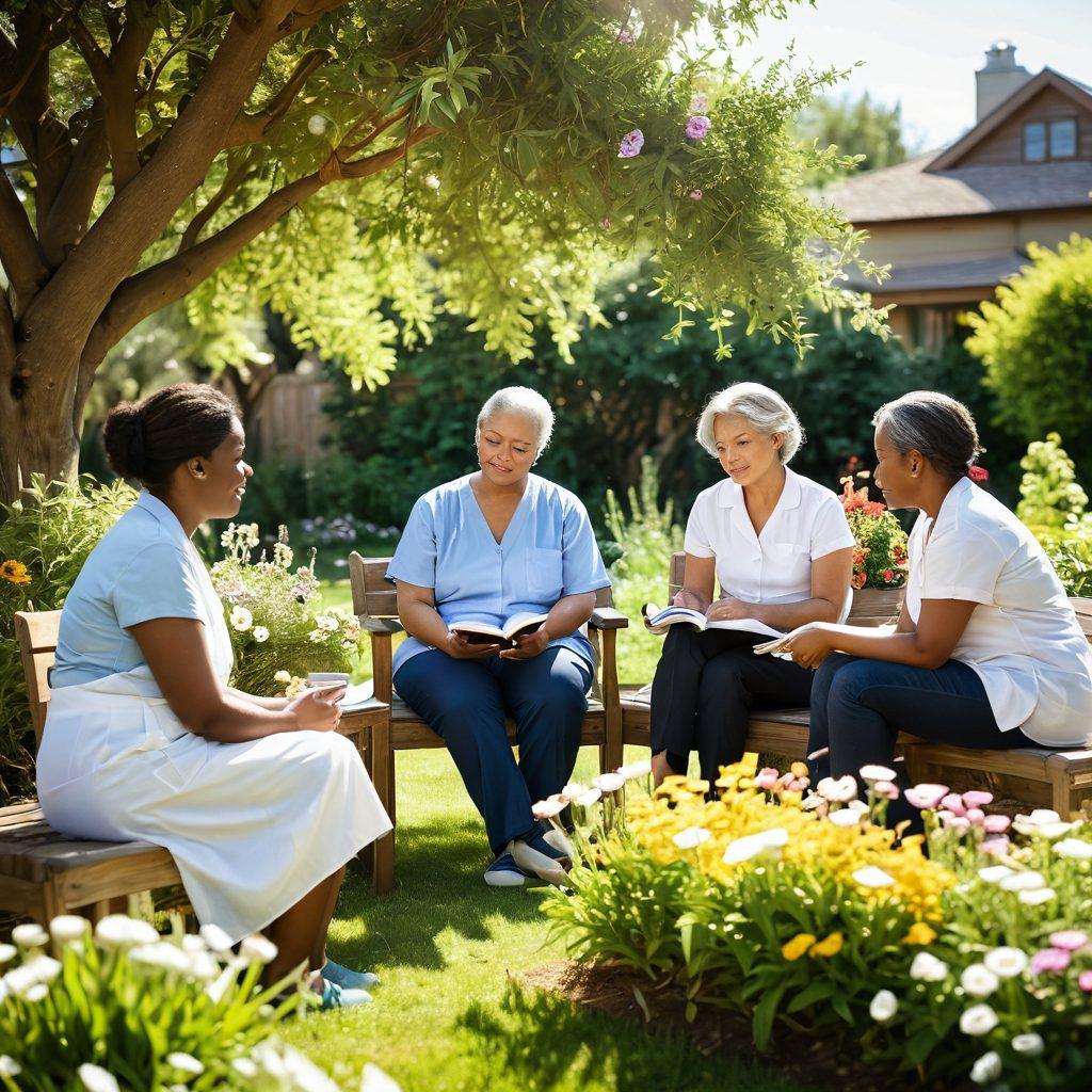 A warm, inviting scene showing a diverse group of patients and caregivers engaged in a supportive group discussion in a peaceful garden setting, surrounded by blooming flowers and gentle sunlight. Include a variety of educational materials like books and pamphlets scattered around them, symbolizing knowledge and hope. The atmosphere should feel uplifting and compassionate. soft focus. vibrant colors. outdoor setting.